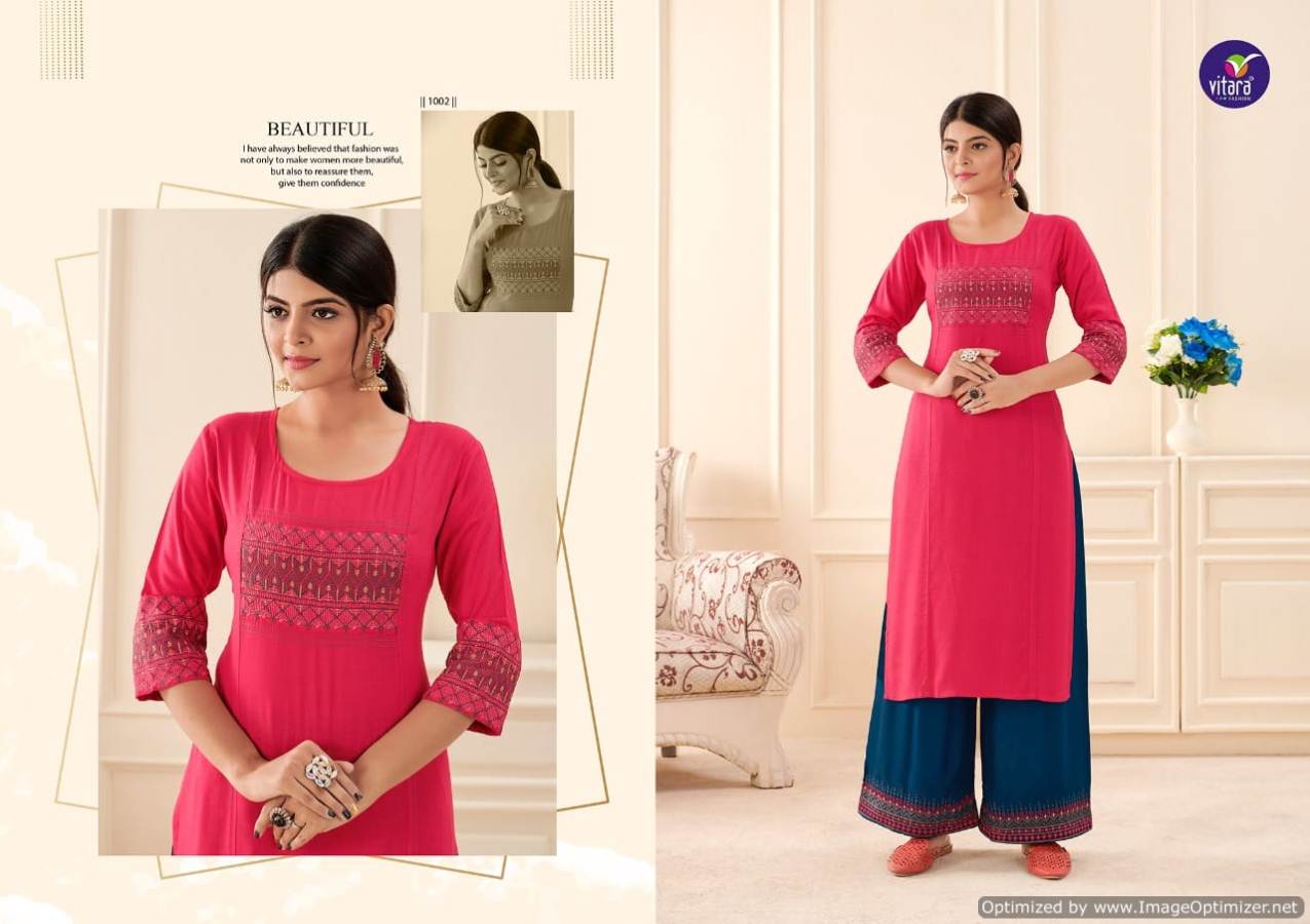 Vitara Floral Designer Heavy Rayon Kurti With Bottom Collection at Wholesale Price